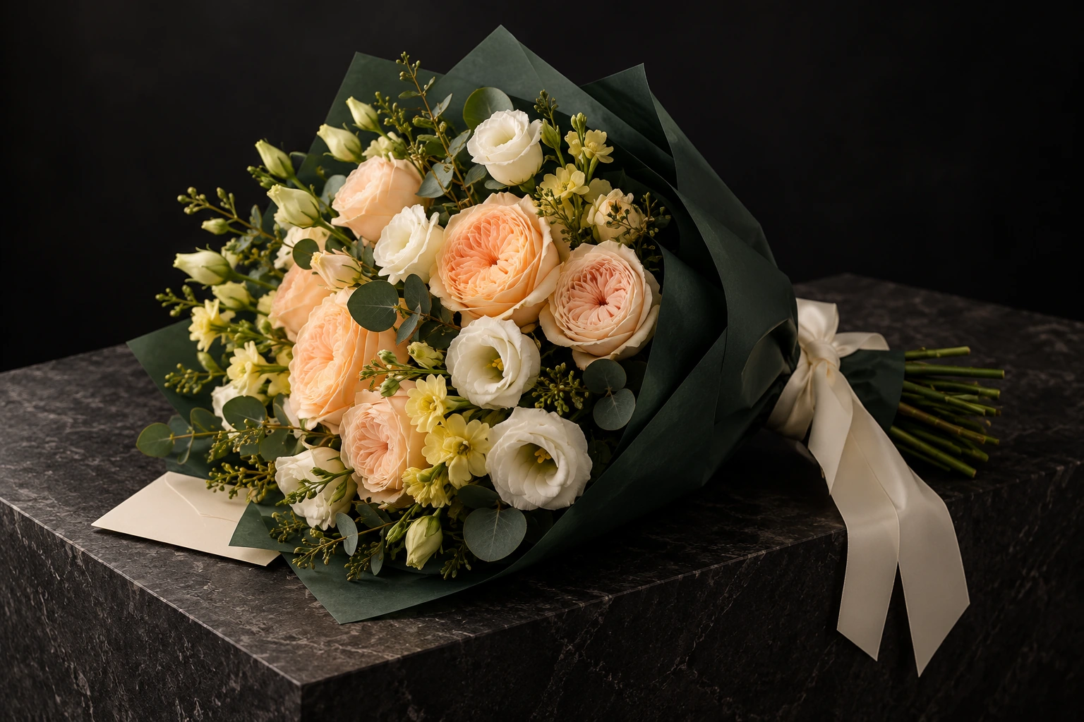 Peach, cream and yellow flowers wrapped in deep green paper on a dark studio surface
