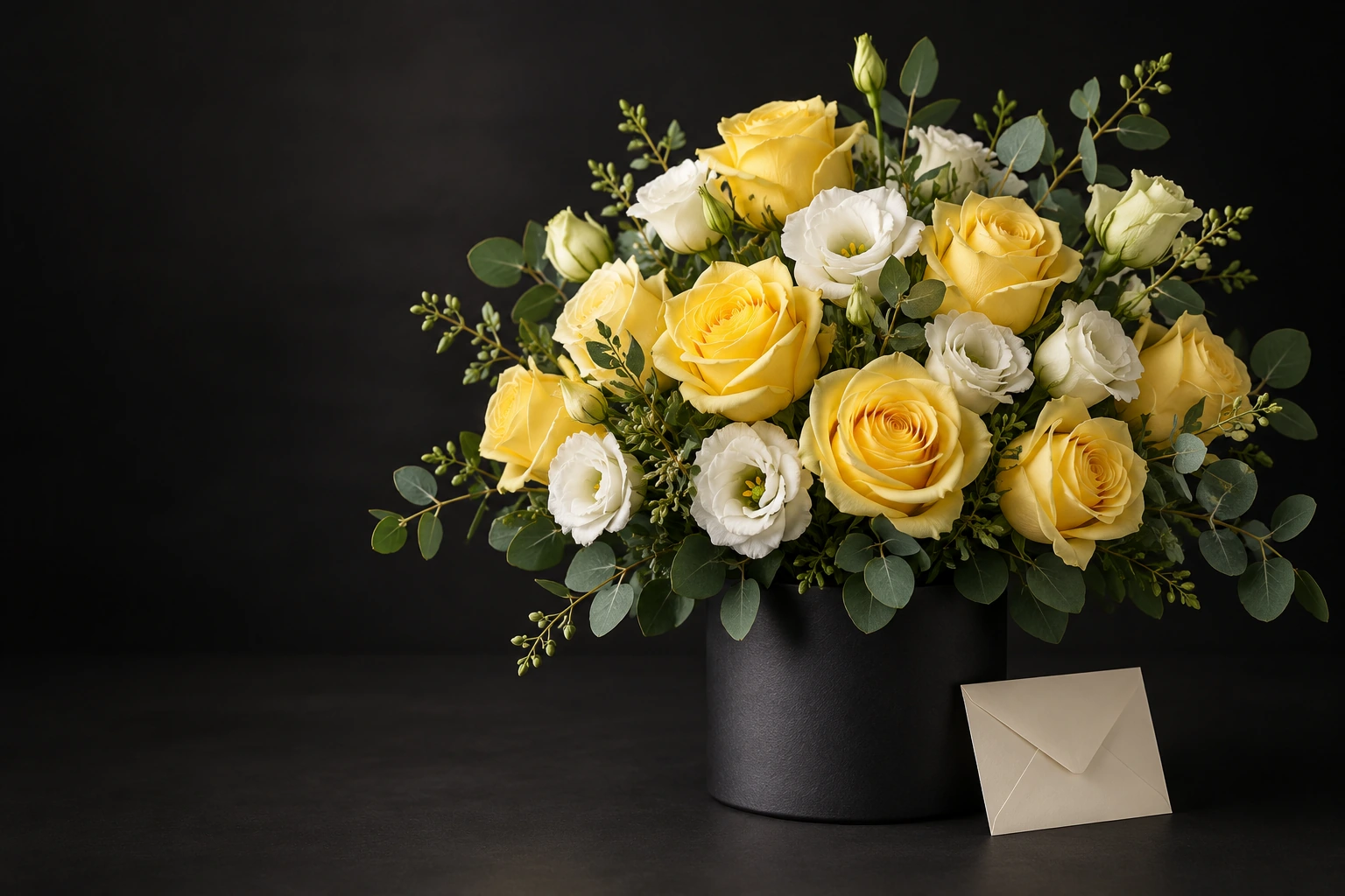 Yellow and white flowers in a dark ceramic container beside an ivory card, against a charcoal studio background