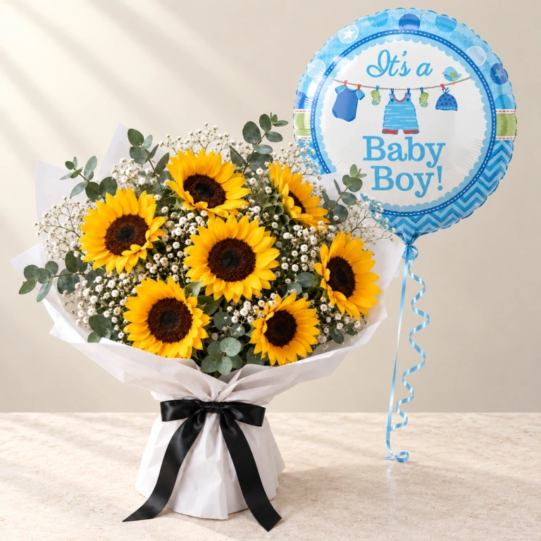 Yellow Sunflower Glow bouquet beside one blue Baby Boy foil balloon