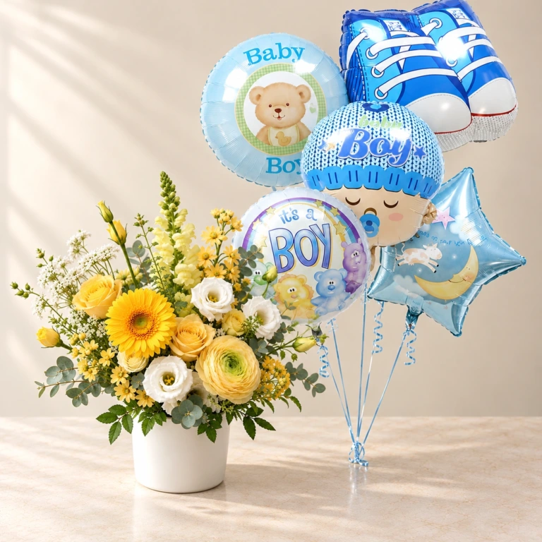 Baby Boy Sunshine Flowers and Balloons Bundle Sunlit Charm yellow and cream flowers in a cream pot beside the blue Baby Boy balloon set