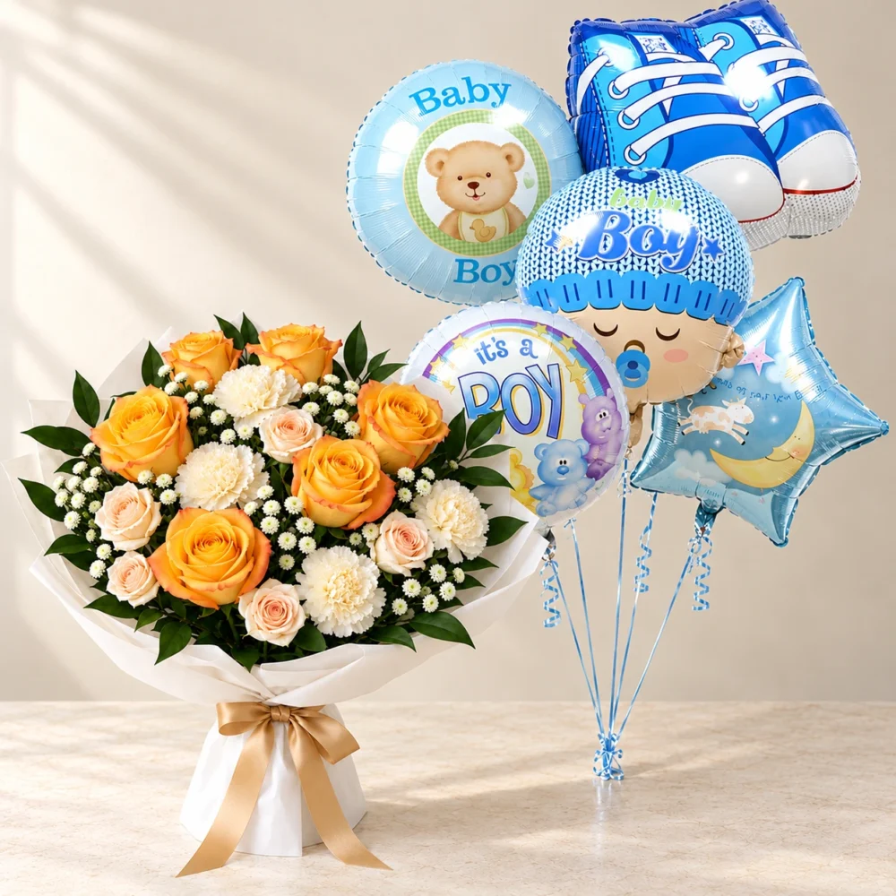 Baby Boy Golden Roses and Balloons Bundle Yellow Sunshine golden and pale peach rose bouquet beside blue Baby Boy balloons