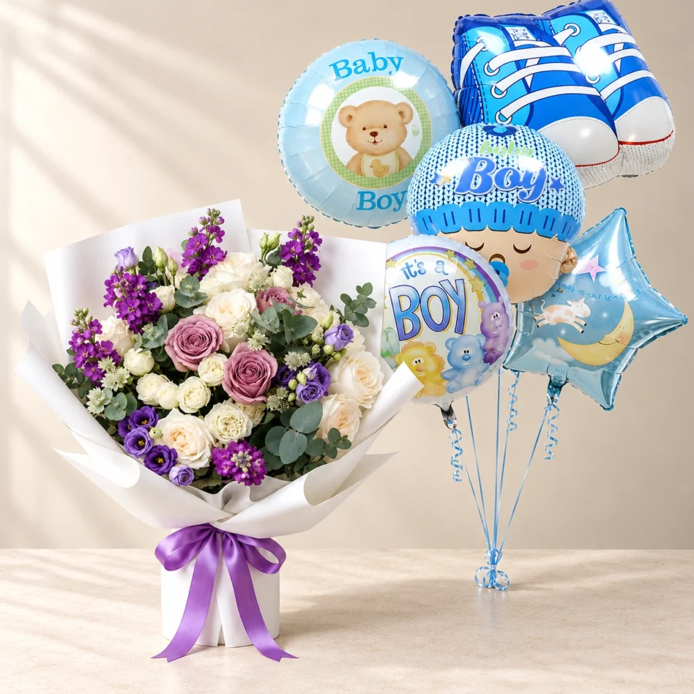 Baby Boy Lavender Flowers and Balloons Bundle Purple Poetry lavender and cream bouquet beside the blue Baby Boy balloon set