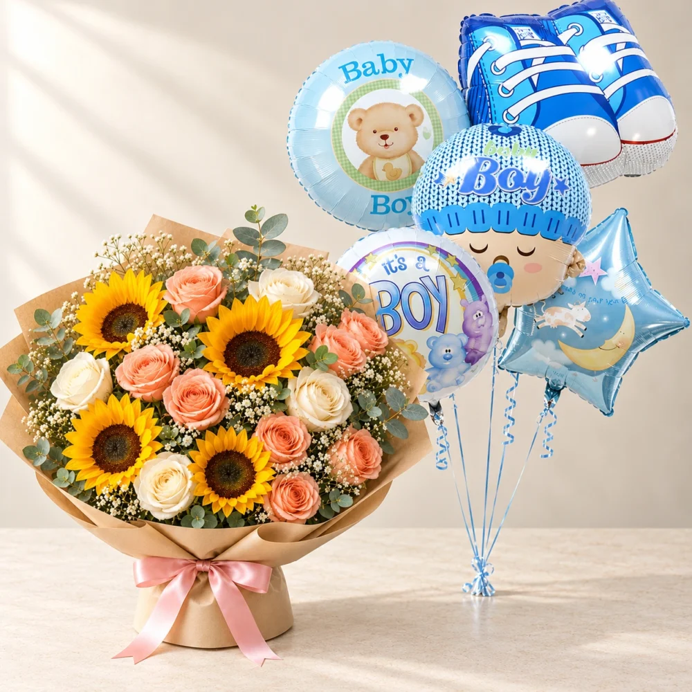 Baby Boy Sunflowers Roses and Balloons Bundle Sun-Kissed Roses yellow sunflower and peach rose bouquet beside blue Baby Boy balloons