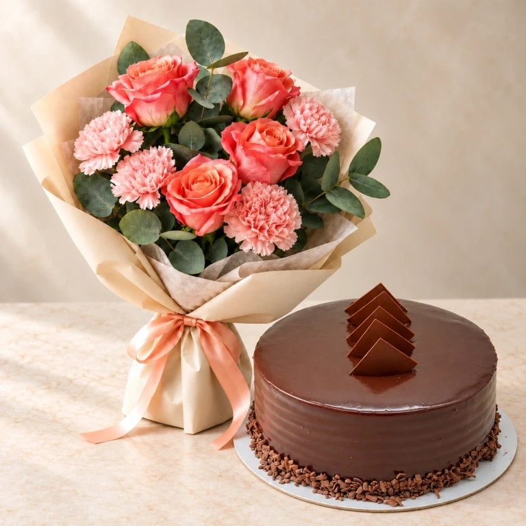 Pink Bloom Medley bouquet with coral-pink roses and carnations beside a round chocolate cake