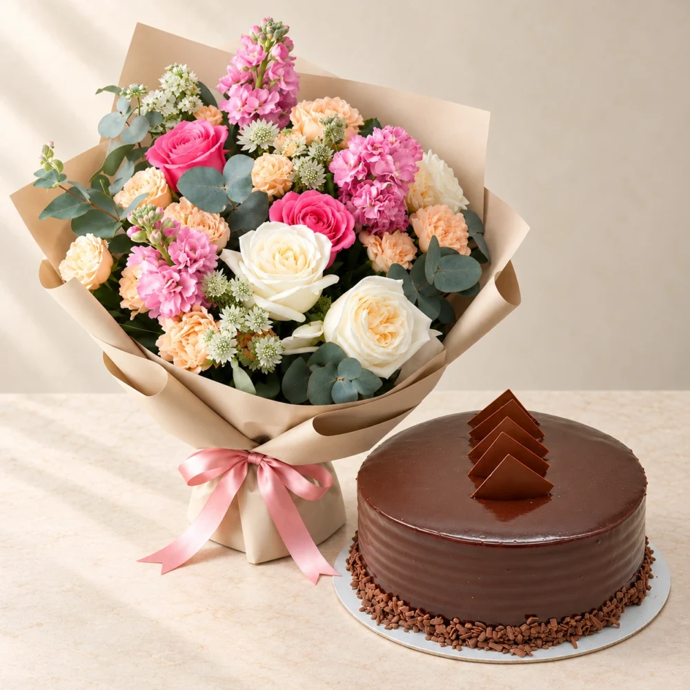 Pink and cream Hues of Nature bouquet beside a round chocolate cake