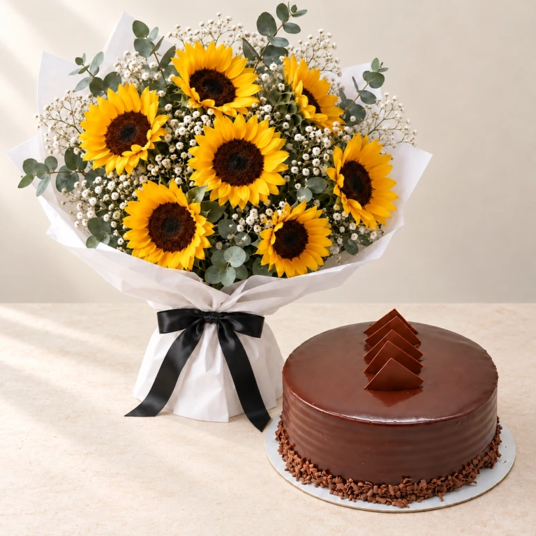 Yellow Sunflower Glow bouquet with eucalyptus and white filler beside a round chocolate cake