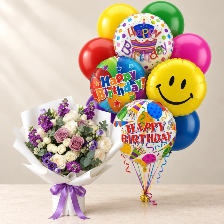 Purple Birthday Flowers and Balloons Bundle Purple Poetry bouquet with lavender and cream flowers beside colourful Happy Birthday balloons
