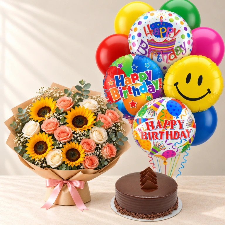 Sun-Kissed Roses sunflower and peach rose bouquet with a round chocolate cake and birthday balloons