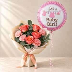 Pink Bloom Medley rose and carnation bouquet beside one pink Baby Girl foil balloon