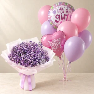 Royal Purple Gypsophila lavender bouquet with pink and lilac Baby Girl balloons