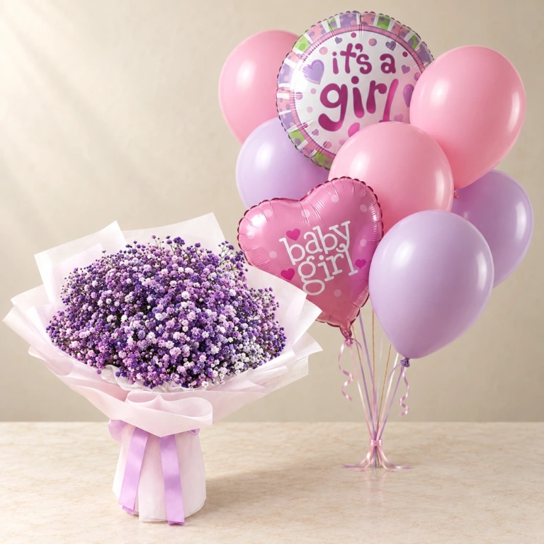 Royal Purple Gypsophila lavender bouquet with pink and lilac Baby Girl balloons