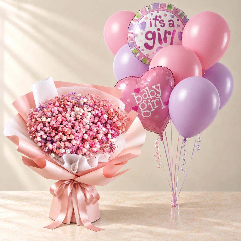 Pink Cloud Gypsophila bouquet with pink wrapping and the pink and lilac Baby Girl balloon set