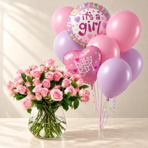 Rosy Cherub pink roses in a clear glass vase beside pink and lilac Baby Girl balloons