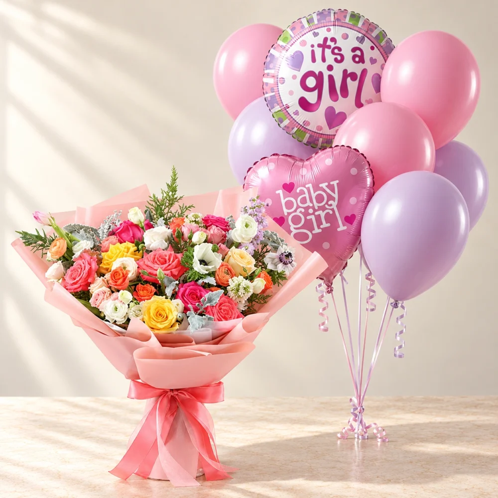 Dazzling Kaleidoscope pink and pastel mixed bouquet beside the Baby Girl balloon set