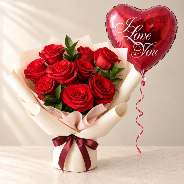 Classic Red Rose bouquet in cream wrapping with one red I Love You foil balloon