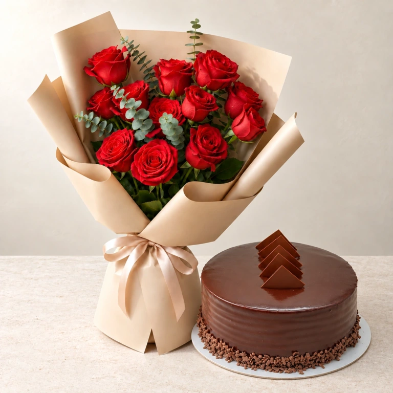 Passionate Scarlet red rose and eucalyptus bouquet beside a round chocolate cake
