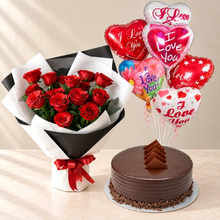 Eternal Love Roses Cake and Balloons Bundle Eternal Love red rose bouquet with a round chocolate cake and Love foil balloons