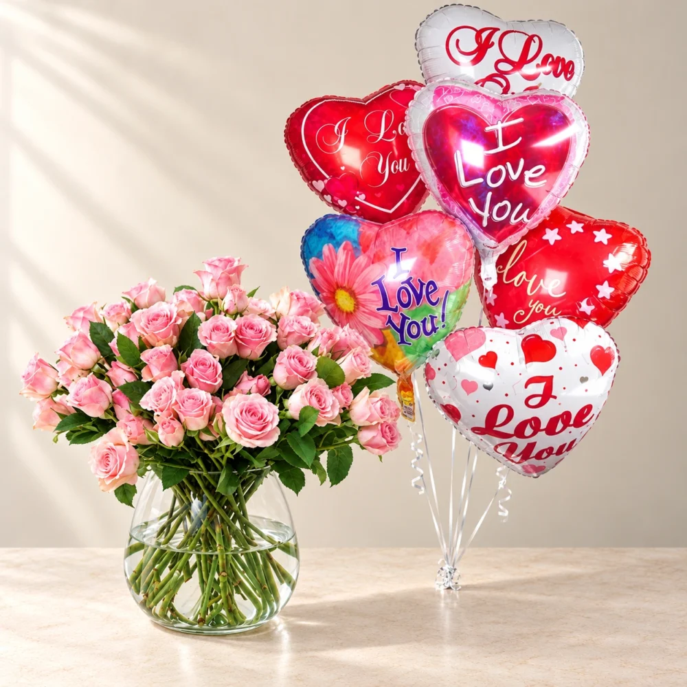 Rosy Cherub pink roses in a clear glass vase beside the Love balloon set