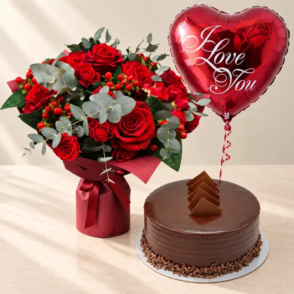 Sweet Romance Roses Cake and Balloon Bundle Passionate Petals red rose arrangement in a burgundy vase with a round cake and I Love You balloon